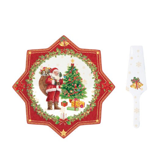 Platter císte agus sraith freastalaí císte, poirceallán, 32 cm, "Vintage Christmas - Tree" - Nuova R2S