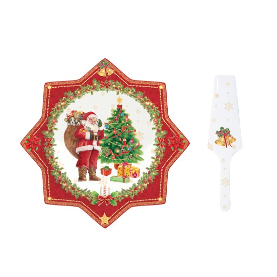 Tortatál és tortaszerver készlet, porcelán, 32 cm, "Vintage Christmas - Tree" - Nuova R2S