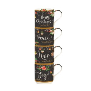 Set of 4 porcelain mugs, 275 ml, "Peace, Love, Joy" - Nuova R2S