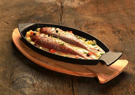 Liatinová tácka na ryby, 15 x 24 cm, s dreveným stojanom, LAVA