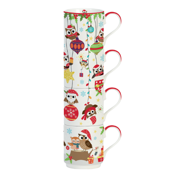 Sett ta' 4 mugs tal-porċellana "Owls Family", 275 ml, blu - Nuova R2S