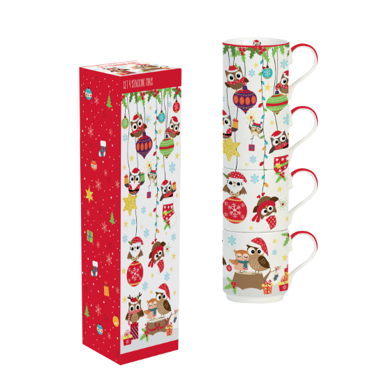 Set med 4 "Owls Family" porslinsmuggar, 275 ml, blå - Nuova R2S