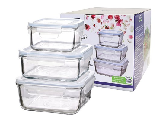 Set of 3 food storage containers, made from glass, square shape - Glasslock
