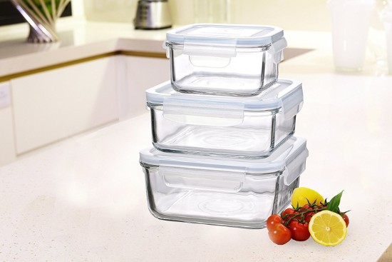 Set of 3 food storage containers, made from glass, square shape - Glasslock