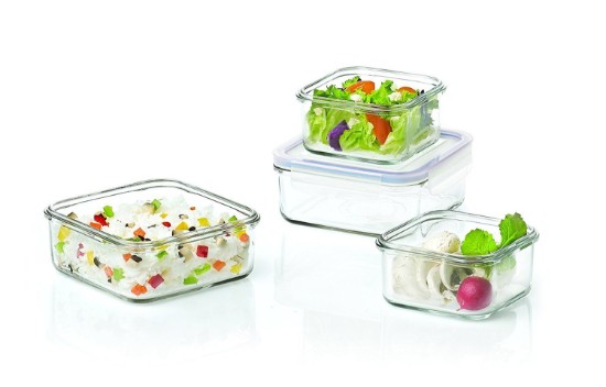 Sæt af 3 opbevaringsbeholdere til opbevaring af fødevarer, lavet af glas, firkantet form - Glasslock