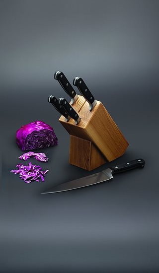 Sæt med 6 knive, med holder lavet af egetræ - Kitchen Craft