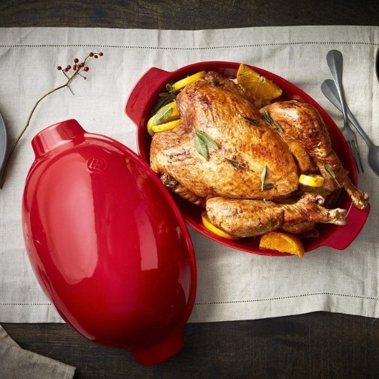 Chicken roasting dish, ceramic, 41.5 × 27.5 × 22 cm / 4 l, Burgundy - Emile Henry