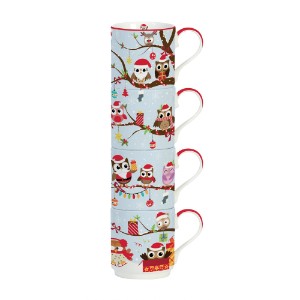 Lot de 4 mugs en porcelaine "Owls Family", 275 ml, blanc - Nuova R2S