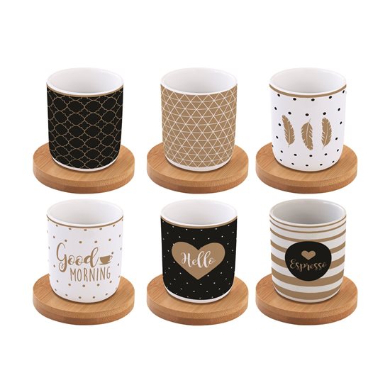 "Coffee Mania" sada 6 šálok a podšálok, 70 ml, porcelán, čierna a zlatá - Nuova R2S