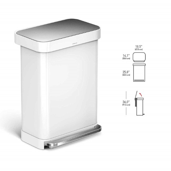 Trash can with pedal, 55 L, stainless steel, White - simplehuman