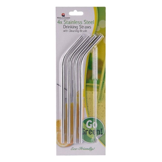 Set of 4 stainless steel curved straws and cleaning brush - Grunwerg