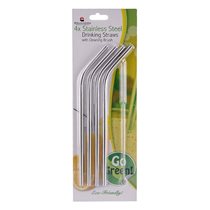 Set of 4 stainless steel curved straws and cleaning brush - Grunwerg