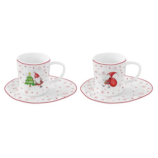 2 kavos puodelių rinkinys su lėkštutėmis, 120 ml, porcelianinis, "Christmas Gnomes" - Nuova R2S