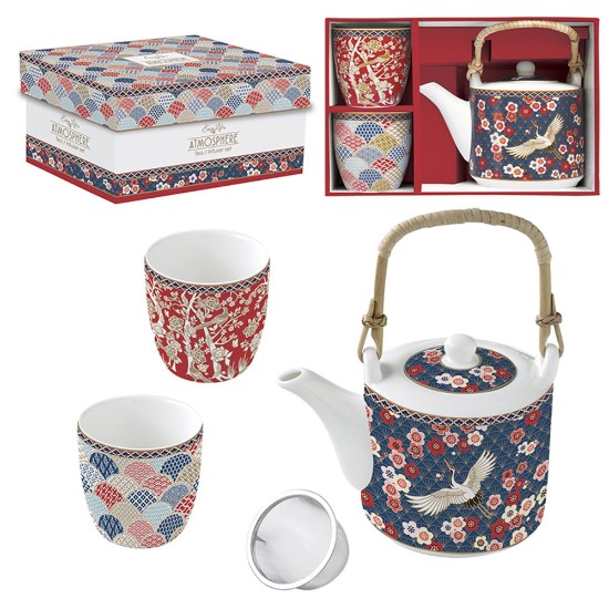 Tetera de porcelana de 600 ml con infusor y 2 tazas, colección "Okinawa" - Nuova R2S