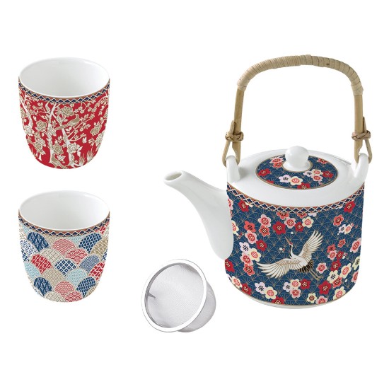 Tetera de porcelana de 600 ml con infusor y 2 tazas, colección "Okinawa" - Nuova R2S