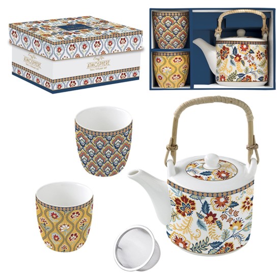 600 ml porcelain teapot  with infuser and 2 mugs, "Paisley Abundance" - Easy Life