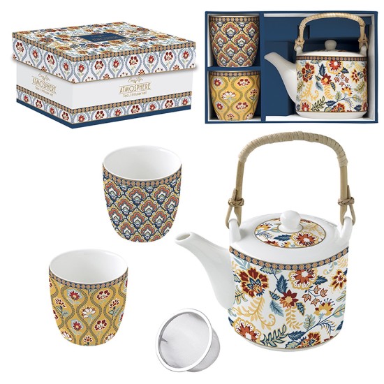 Tetera de porcelana de 600 ml con infusor y 2 tazas, colección "Paisley Abundance" - Nuova R2S