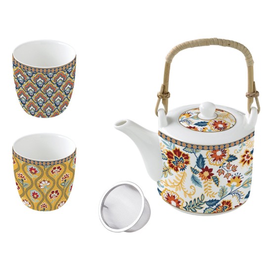 600 ml porcelain teapot  with infuser and 2 mugs, "Paisley Abundance" - Easy Life