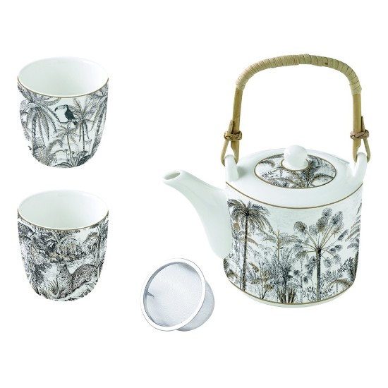 Tetera de porcelana de 600 ml con infusor y 2 tazas, "Retro Jungle" - Nuova R2S