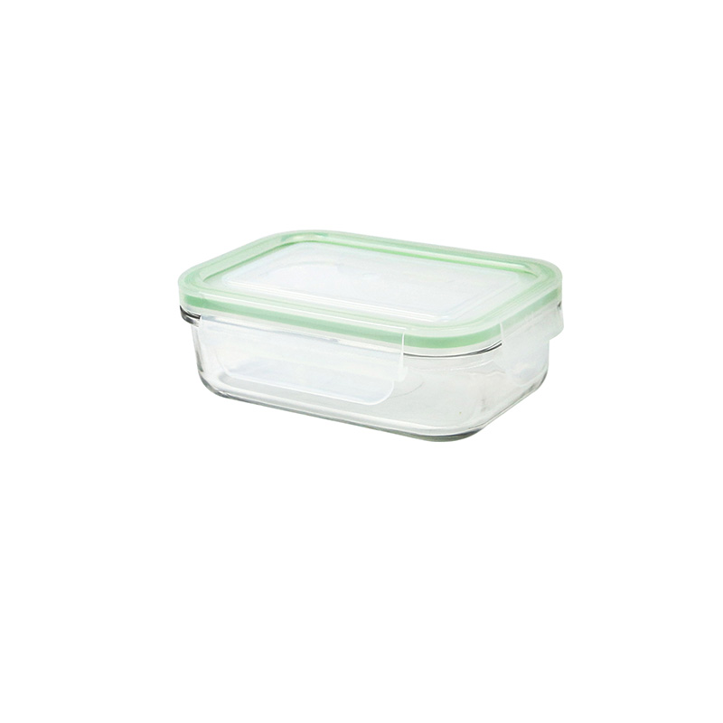 Rectangular food storage container, made from glass, with plastic