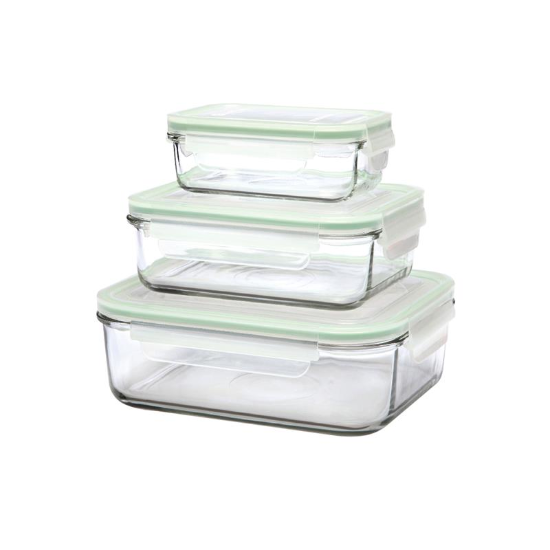 Set of 3 rectangular food storage containers, made from glass, 400 ml, 1 L and 2 L - Glasslock