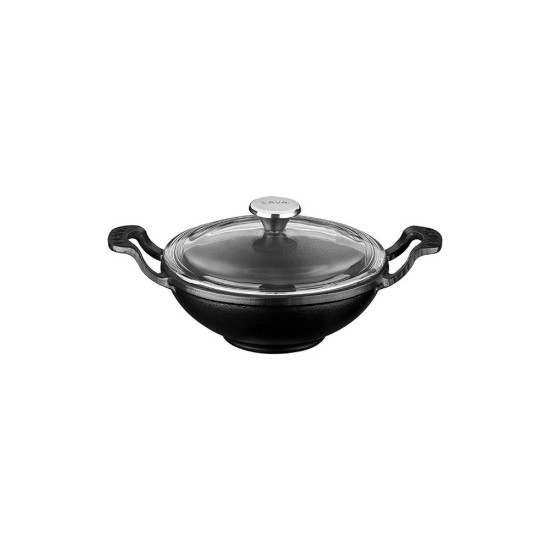 Στρογγυλό γουόκ με γυάλινο καπάκι, 16 cm, μαντεμένιο, μαύρο - μάρκας Lava