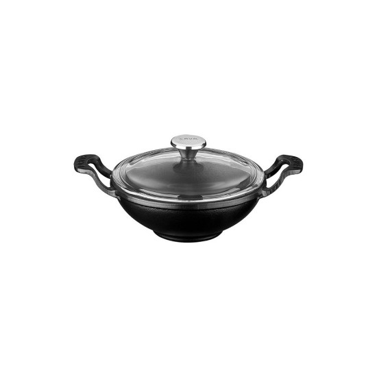 Wok cruinn le clúdach gloine, 16 cm, iarann teilgthe, dubh - branda Lava