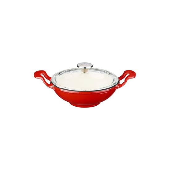 Rund wok med glaslock, 16 cm, gjutjärn, röd - LAVA märke