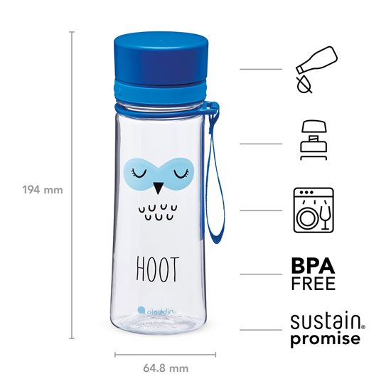 Botella de plástico Aveo de 350 ml, diseño de búho, azul - Aladdin