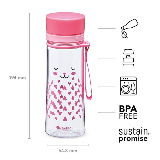 350 ml Aveo plastikflaske, kaninmønster, Pink - Aladdin