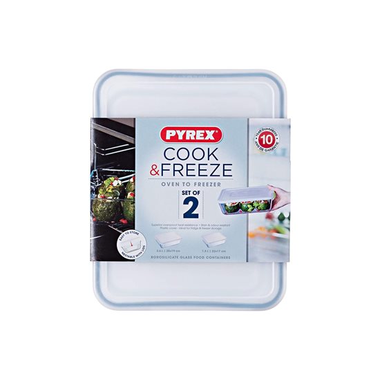 Set med 2 rektangulära matbehållare, med lock, gjorda av "Cook & Freeze" värmebeständigt glas, 1,5L / 2,6 L - Pyrex