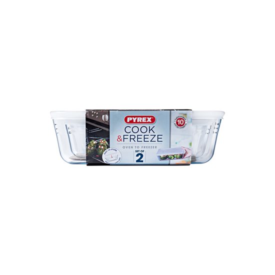 Set med 2 rektangulära matbehållare, med lock, gjorda av "Cook & Freeze" värmebeständigt glas, 1,5L / 2,6 L - Pyrex