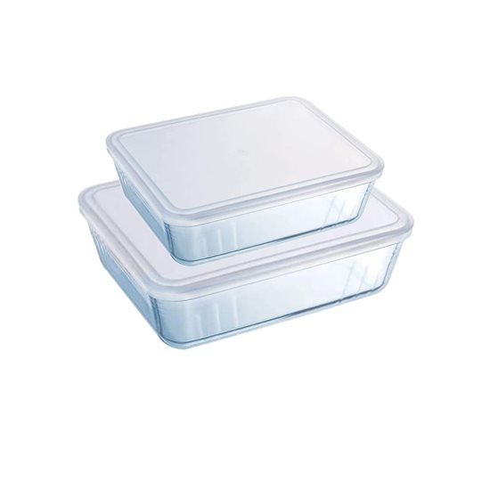 Set med 2 rektangulära matbehållare, med lock, gjorda av "Cook & Freeze" värmebeständigt glas, 1,5L / 2,6 L - Pyrex