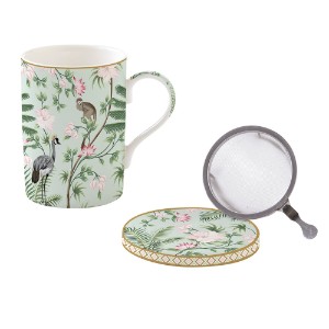 Porcelain mug with lid and metal infuser, 350 ml, "Wild Tropical" - Nuova R2S