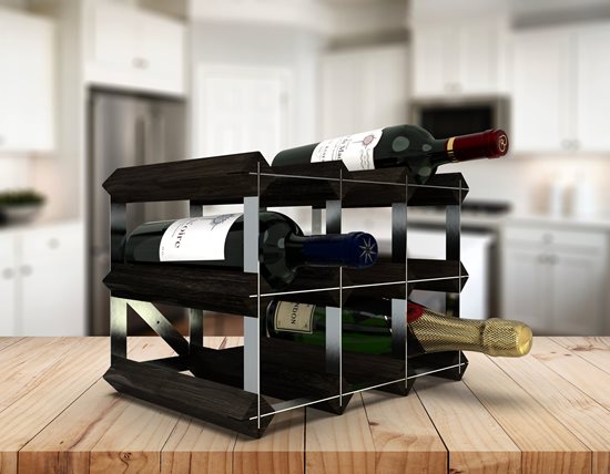 Rack for 9 wine bottles, pine wood, "Black Ash" color, assembled - RTA