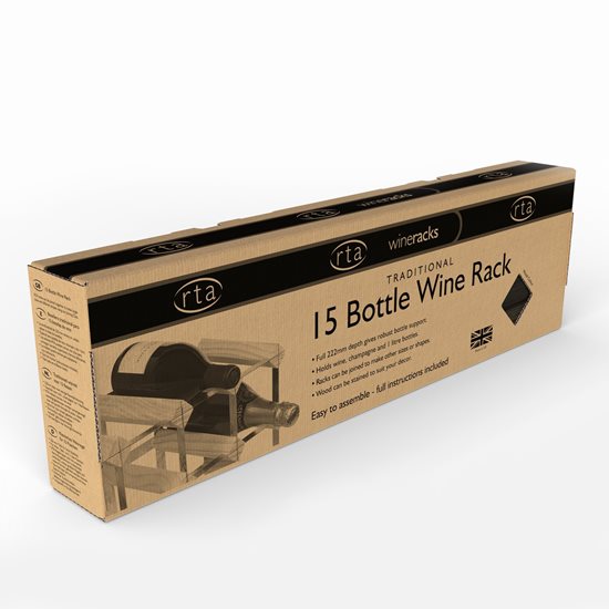 Portabottiglie per 15 bottiglie di vino, legno di pino, colore "Black Ash" - RTA
