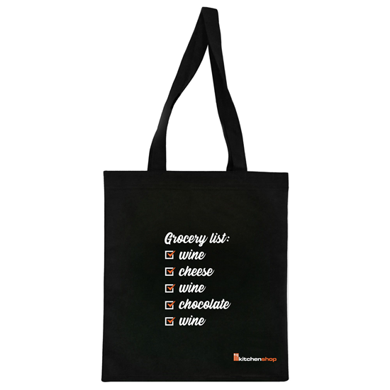 “Grocery list: wine, cheese, wine, chocolate, wine” shopping bag 