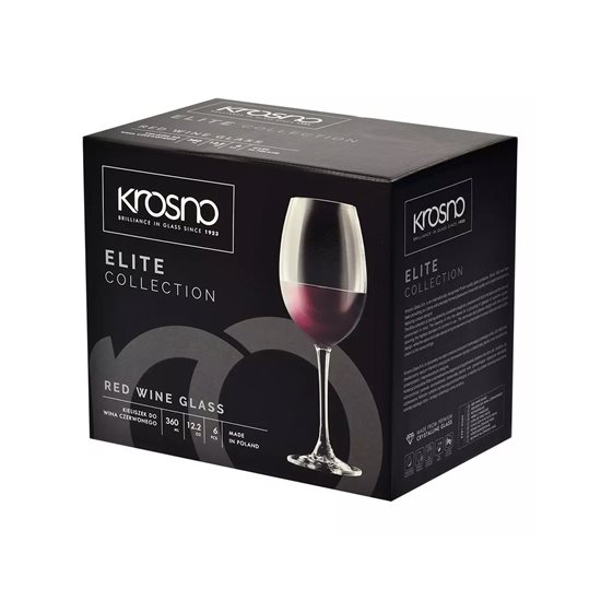 6 raudono vyno taurių rinkinys, pagamintas iš kristalinio stiklo, 360 ml, "ELITE" - Krosno
