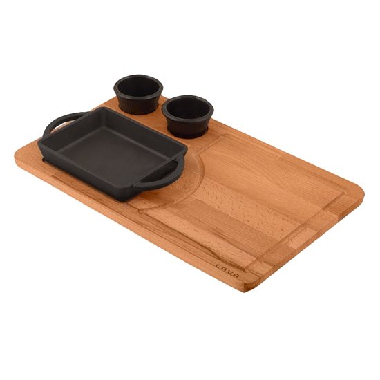 Cast iron serve dish, 12 x 12 cm, with wooden platter - LAVA
