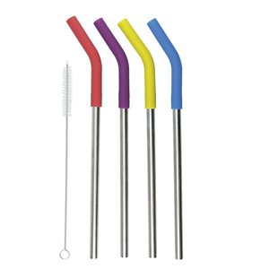 Set of 4 stainless steel straws, 23 cm and cleaning brush - made by Kitchen Craft