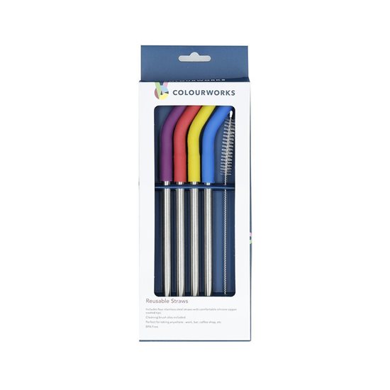 Set of 4 stainless steel straws, 23 cm and cleaning brush - made by Kitchen Craft