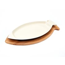Cast iron dish for serving fish, 20 x 32 cm, with wooden stand, blue - LAVA brand