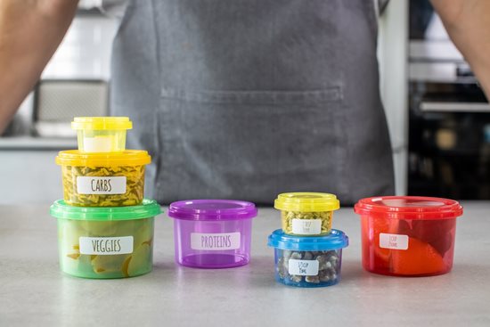 7 plastikinių indelių rinkinys, skirtas porcijoms kontroliuoti – „Kitchen Craft“.