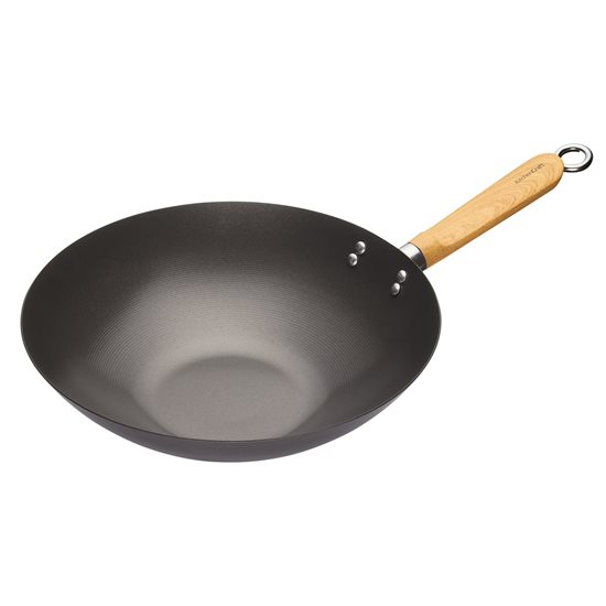 Panela wok com cabo de madeira, 30 cm, aço carbono - da marca Kitchen Craft