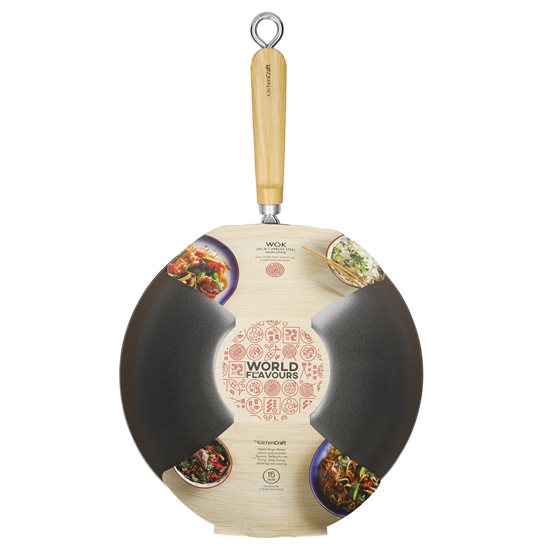 Panela wok com cabo de madeira, 30 cm, aço carbono - da marca Kitchen Craft