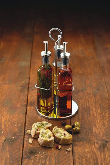 4-osaline komplekt, sisaldab 3 pudelit õli ja äädika jaoks ning kroomitud hoidikut – valmistaja Kitchen Craft