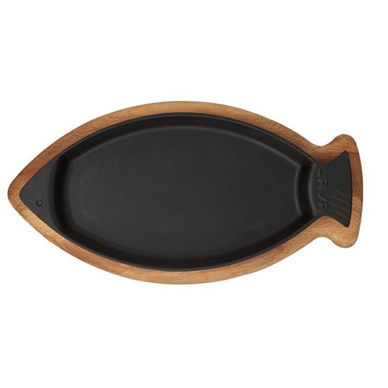 Cast iron tray for fish, 15 x 24 cm, with wooden stand, LAVA