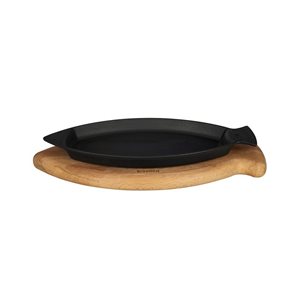 Cast iron tray for fish, 15 x 24 cm, with wooden stand, LAVA
