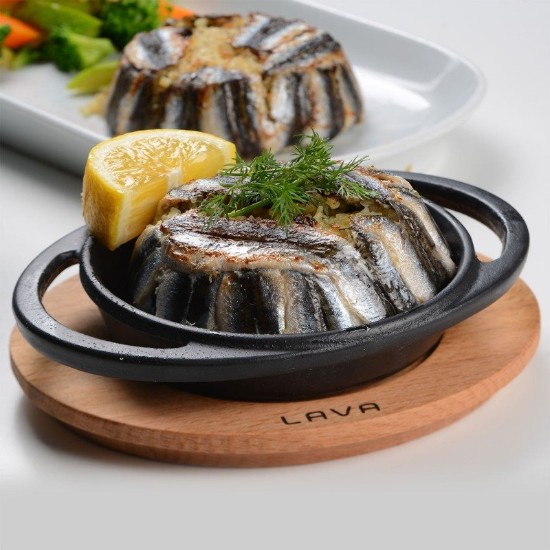 Блюдо чугунное, 12 см, с деревянной подставкой - марка LAVA