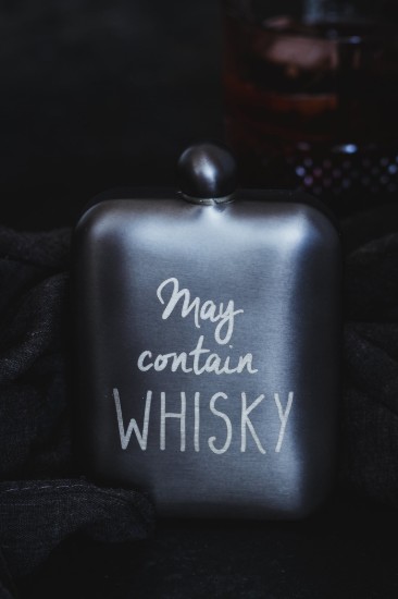 “May contain Whiskey” inscribed bottle, stainless steel, 175 ml - BarCraft